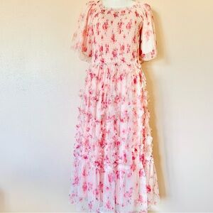 PKC Pink & Purple Smocked Ruffled Tiered Midi Dress.
